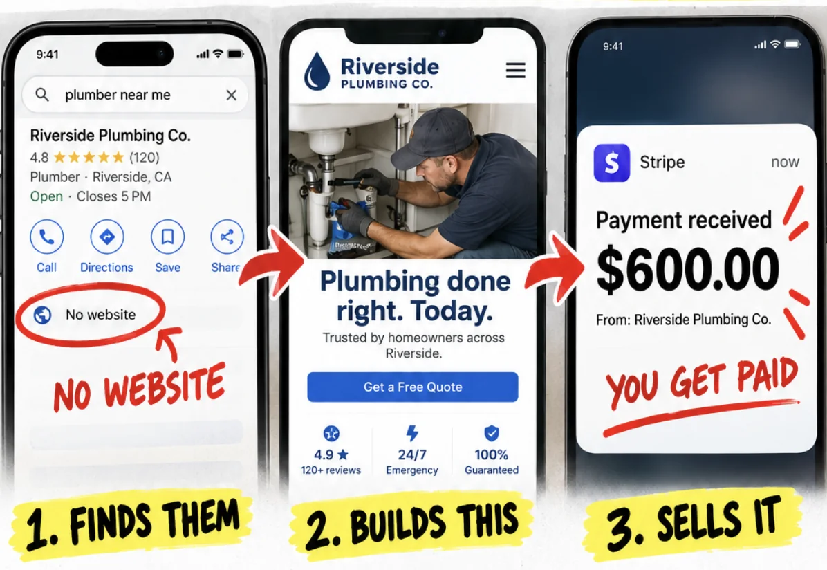 Three phone screens showing the process: it finds a local business with no website, builds the business a polished website, and collects the payment